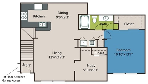 Floor plan for 1 bed, 1 bath, 1020 sqft
